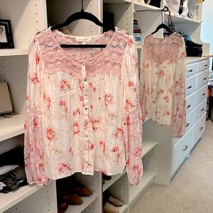 Love Shack Fancy pink embroidered floral buttoned blouse. Worn 2x. Size Medium